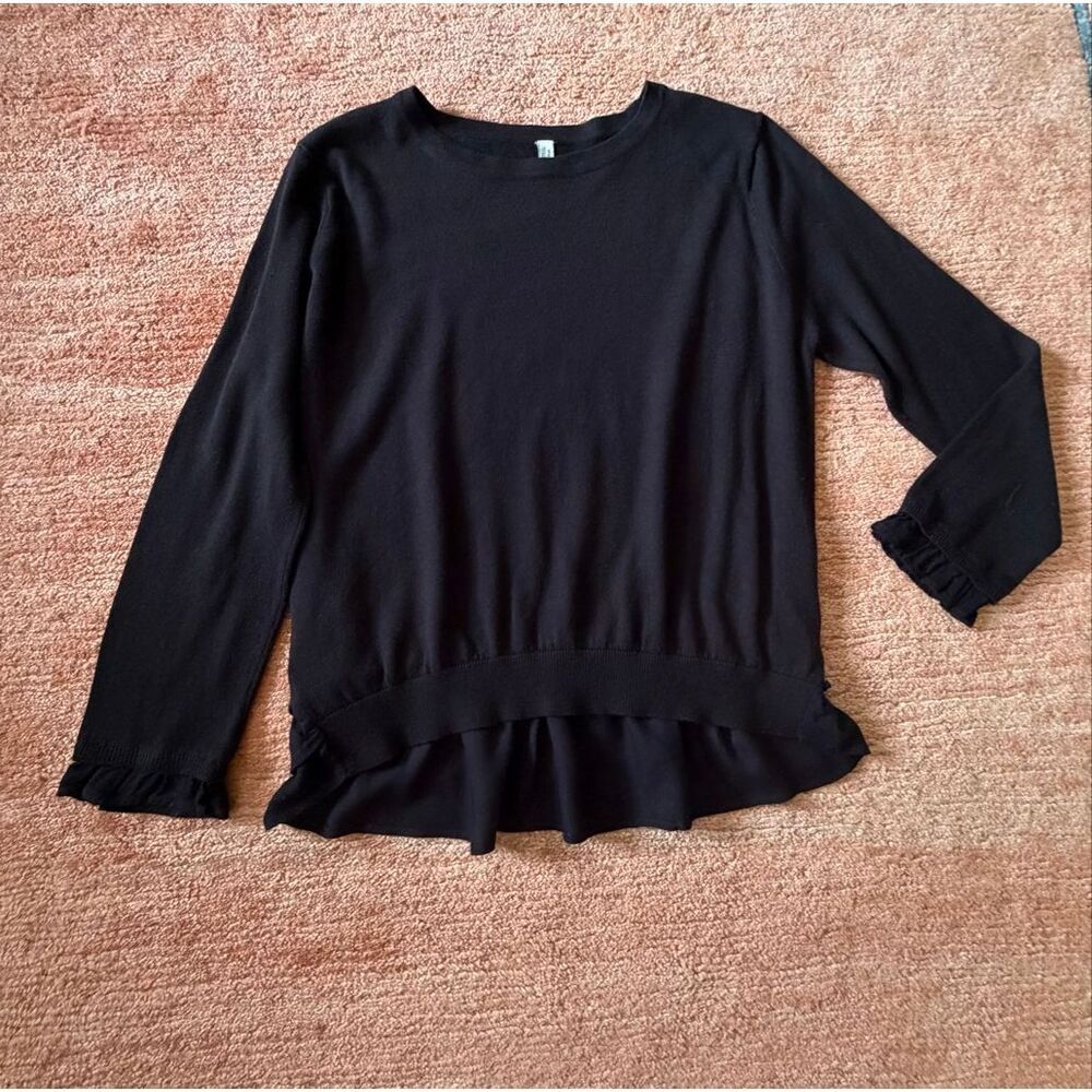 Bluesteel Black Knit Sweater Top Back Ruffle Detail Long Sleeve Size G